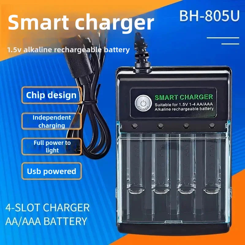1.5V USB 4 slots Charger Independent Charging AA alkaline battery charger Smart Portable Rechargeable Battery Charger with cover