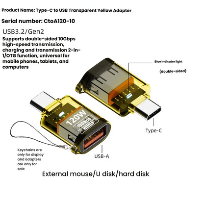 Type C Adapte USB 3.2  OTG Fast Charging 120W 10GB High Speed Data Audio Transfer For PC Tablet