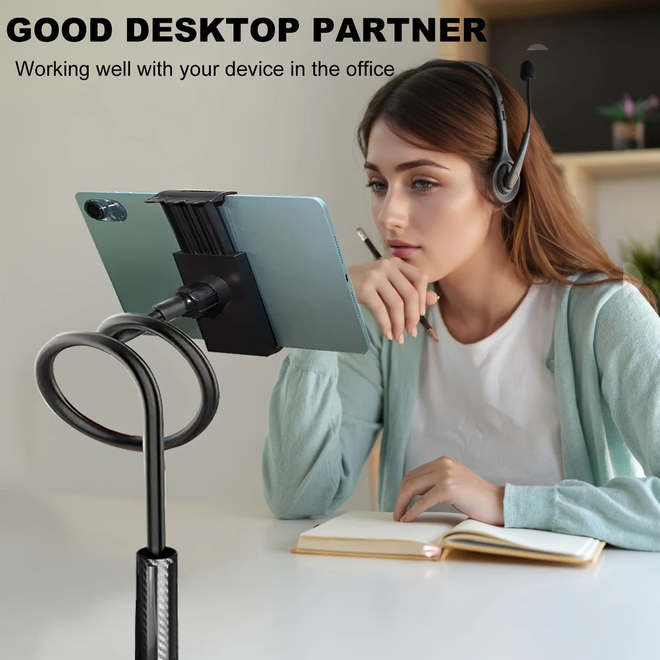 Universal 360-Degree Rotating Tablet Phone Holder with Adjustable Spiral Base, Flexible Stand for Desktop and Bed Use