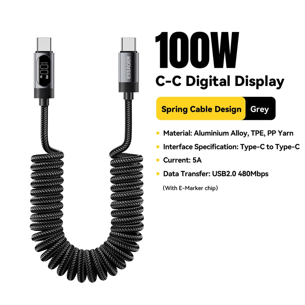 Essager Digital Dispaly USB C Cable For iPhone 17 16 15 Xiaomi Huawei 100W PD Fast Charging For Macbook iPad Type C to C Cable