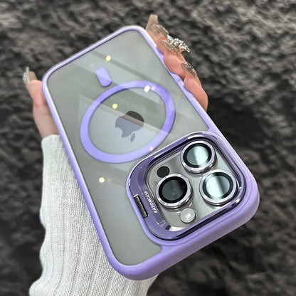 Luxury Magnetic Shockproof Phone Case For iPhone 15 14 13 12 11 16 Pro Max 16 Plus 16E Funda Stand Glass Lens Protection Cover