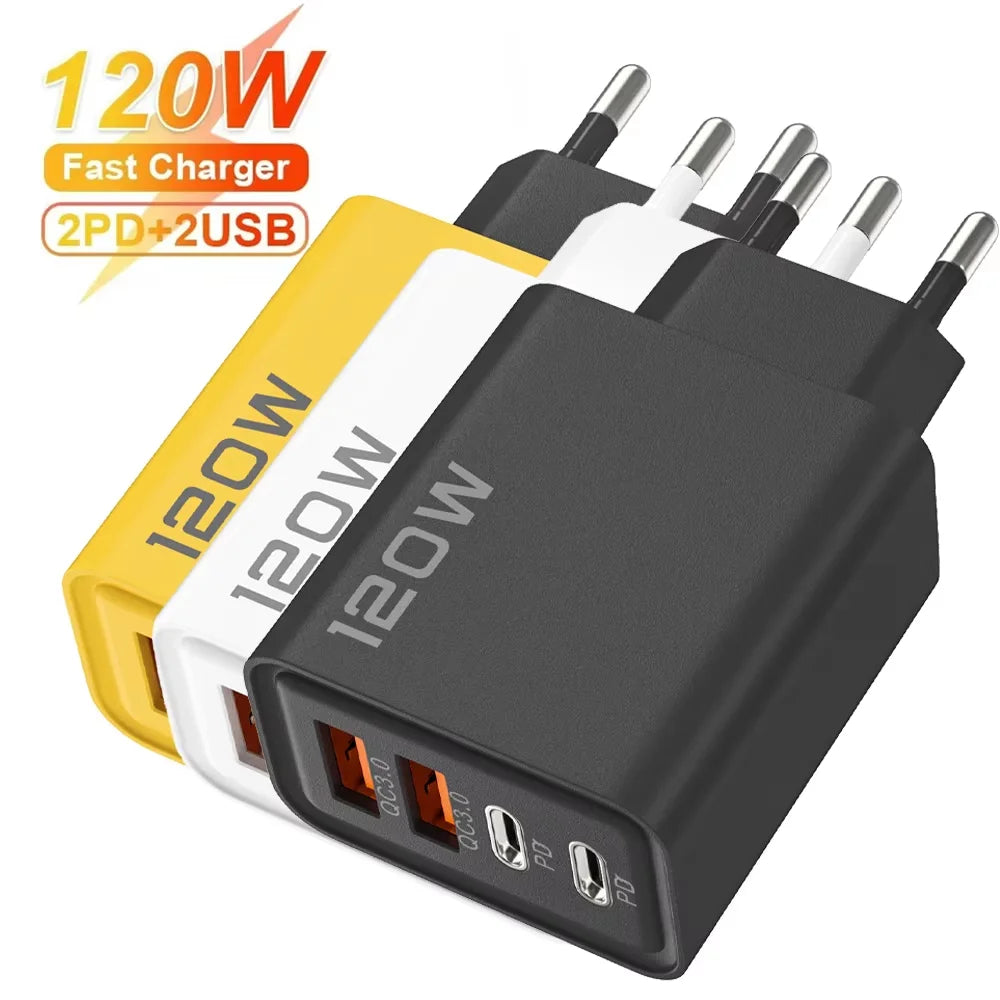 120W Total Fast Charging Quick Charger PD USB Type-C Wall Adapter for iPhone 16/15/14 Xiaomi Huawei Redmi Oneplus Phone Charger