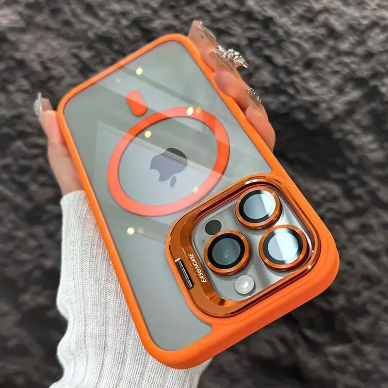 Luxury Magnetic Shockproof Phone Case For iPhone 15 14 13 12 11 16 Pro Max 16 Plus 16E Funda Stand Glass Lens Protection Cover