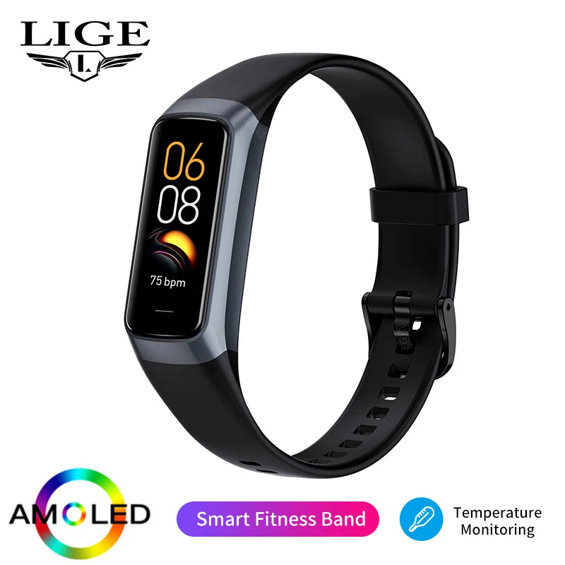 LIGE New Smart Fitness Band Men Women AMOLED Clock Temperature Blood Oxygen Pressure Smartwatch Waterproof Watch For IOS Android