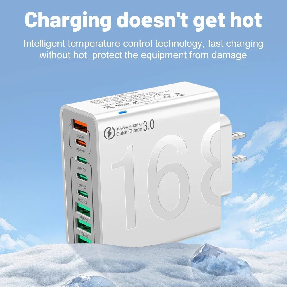 Total 150W 8 Ports USB C Charger Fast Charging PD  Mobile Phone Quick Charger 3.0 Wall Adapter For iPhone Samsung Xiaomi Huawei