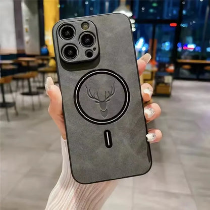 Magnetic For Wireless Charge Phone Case For iPhone 16 15 14 13 12 11 Pro Max Deer Head Leather Magnetic Soft Shockproof Cover