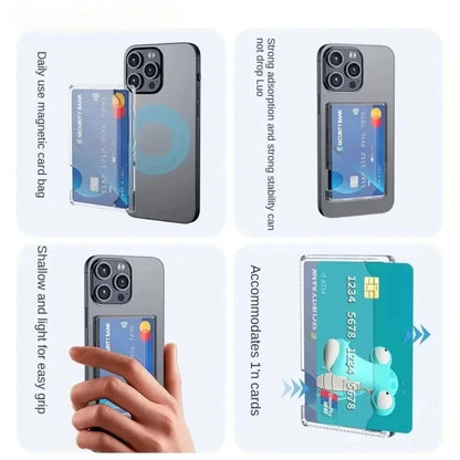 2026 Transparent PC Magnetic Phone Case Back Adhesive Card Holder Storage Box Strong Magnet Card Sleeve for iPhone 17~12 Samsung