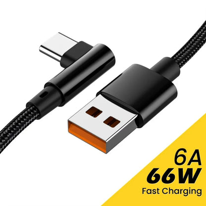 66W 6A USB C 90° Right Angle Cable For Xiaomi Fast Charging Cord for Honor Huawei OnePlus Realme Angled Data Wire Nylon