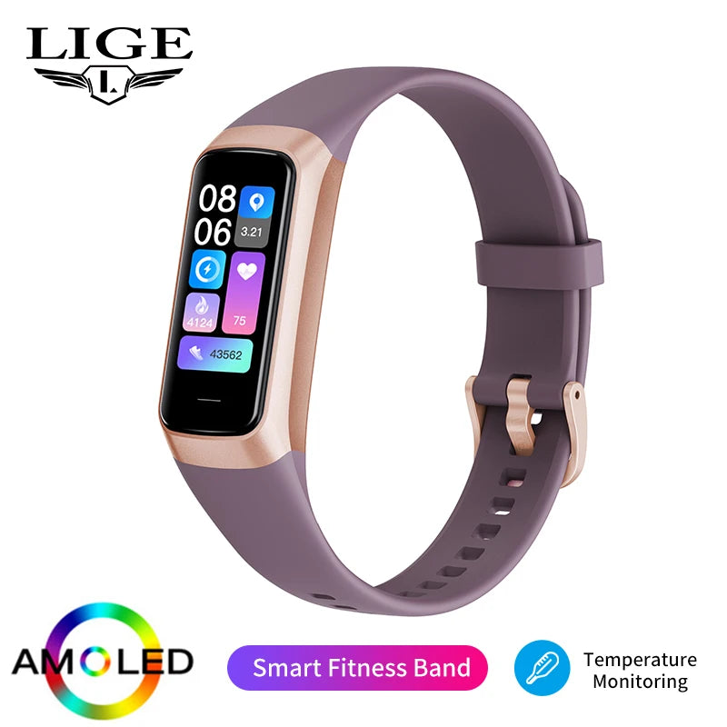 LIGE New Smart Fitness Band Men Women AMOLED Clock Temperature Blood Oxygen Pressure Smartwatch Waterproof Watch For IOS Android