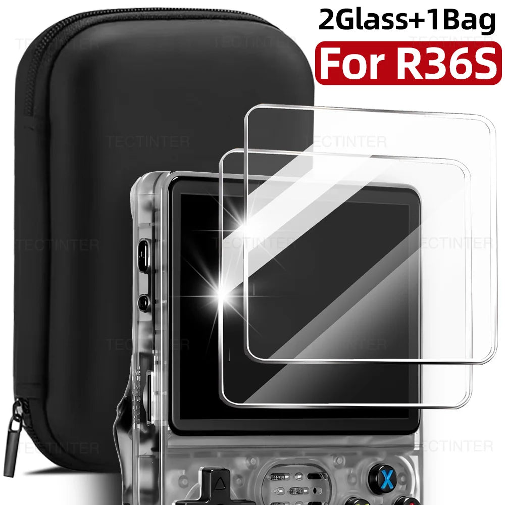 4 IN 1 Case+Screen Protector For R36S Game Console Tempered Glass Film Travel Carrying Storage Bag For Anbernic R36S Accessories