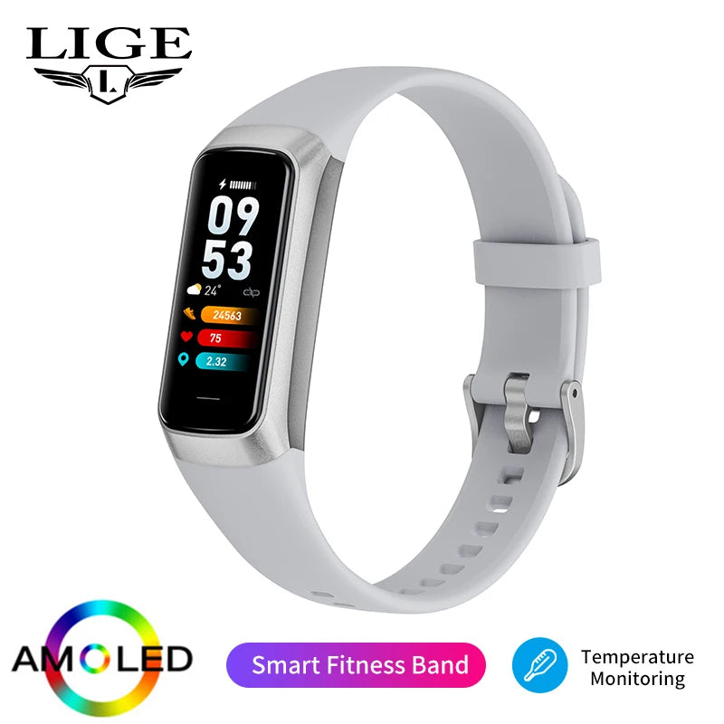 LIGE New Smart Fitness Band Men Women AMOLED Clock Temperature Blood Oxygen Pressure Smartwatch Waterproof Watch For IOS Android