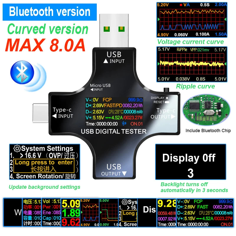 ‌USB Tester Type-C PD Digital Capacity Meter 8A Voltage Current Monitor Power Bank Charger Detector with QC3.0 Fast Charging