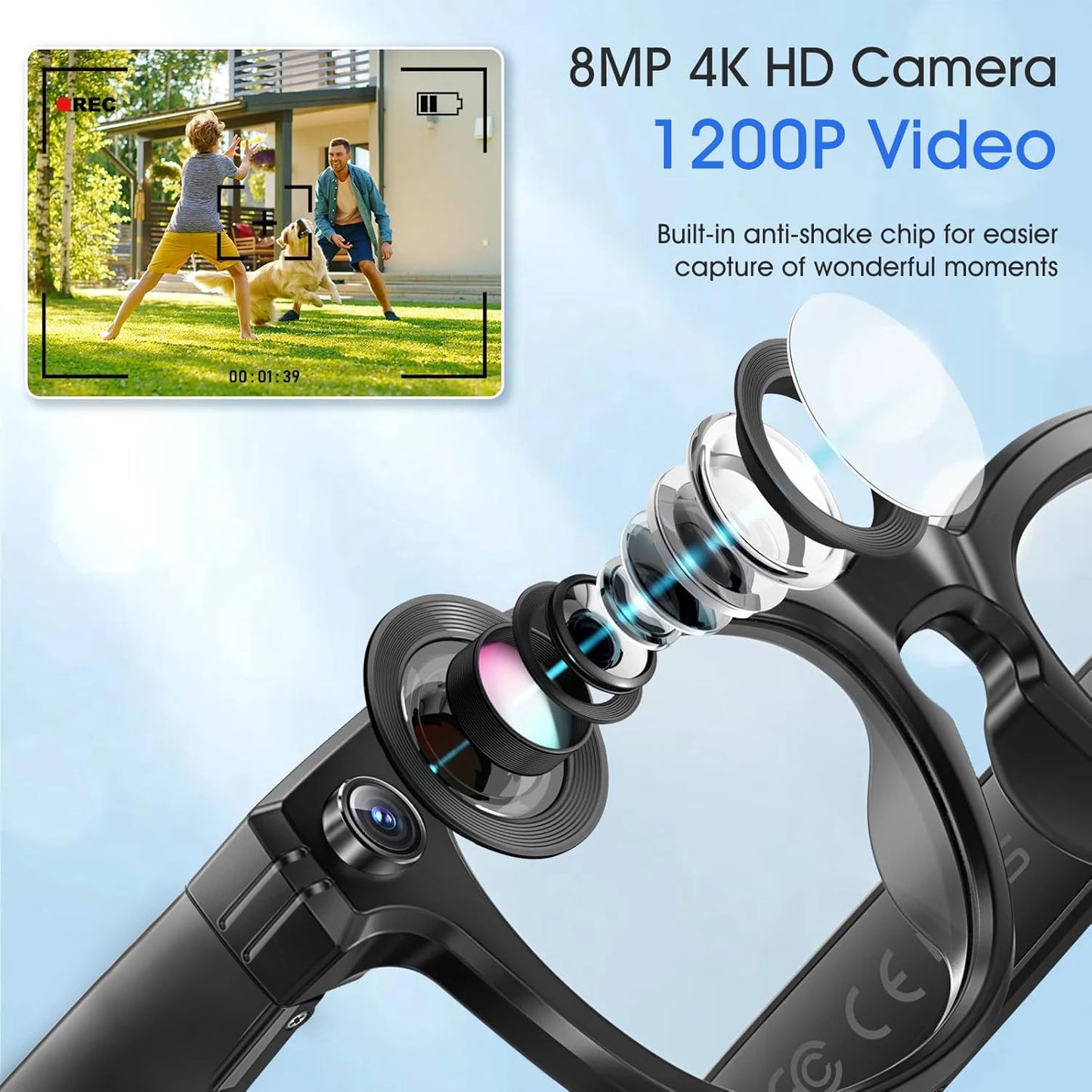 New 8 Million Pixels Camera Smart Glasses Recording Videos AI Photo Recognition Answer Translation Waterproof Blue light Glasses