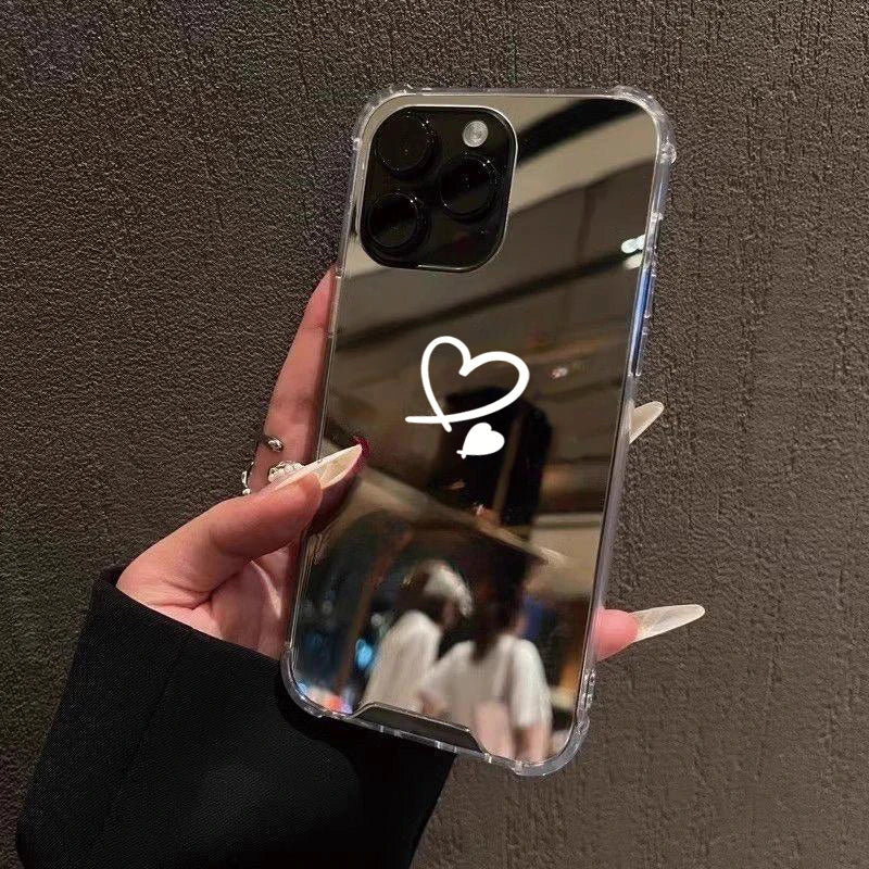 Cute Love Heart Mirror Phone Case For iPhone 11 12 13 14 15 16 Pro Max XS X XR 7 8 Plus SE Make Up Mirror Shockproof Soft Cover