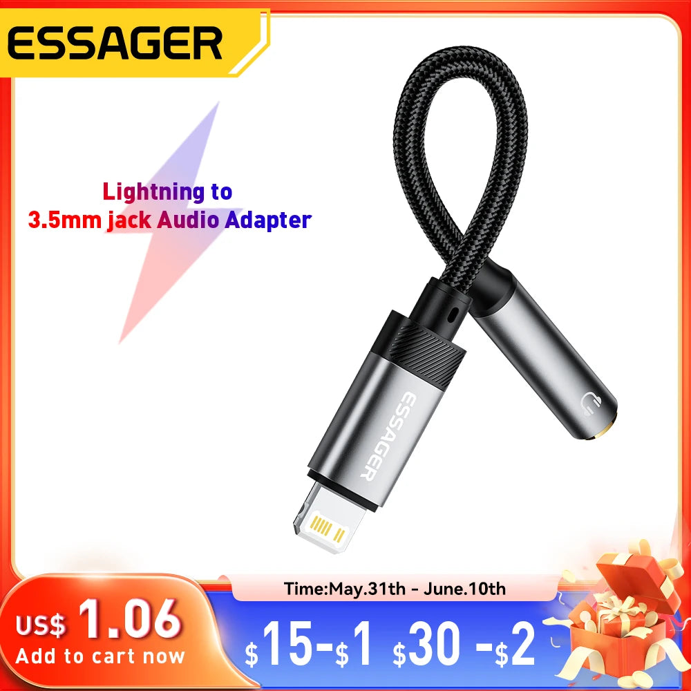 Essager Lightning to 3.5mm jack Audio Adapter Headphone Aux Cable USB Type C to 3.5 Adapter OTG Type C For iphone Xiaomi Oneplus
