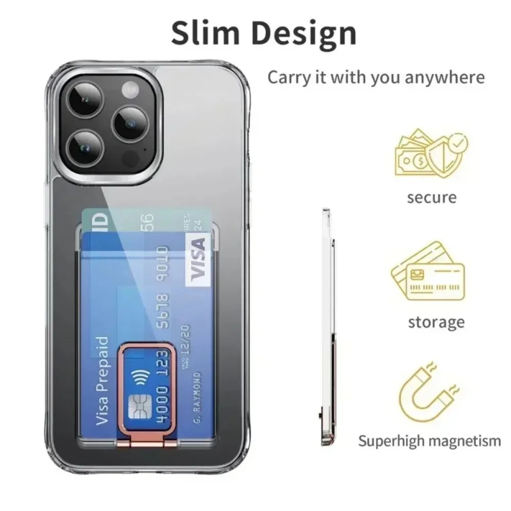 For Magsafe Wallet Magnetic Clear Case For iPhone 16 Pro Max 15 14 13 12 11 Strong Adsorption Magnet Fold Stand Slot Card Holde