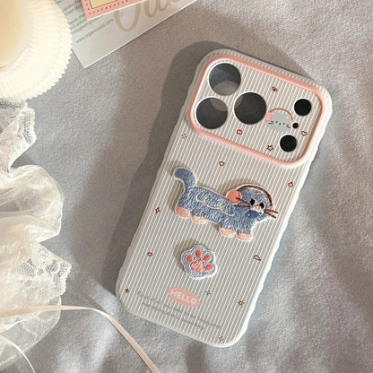 Korean Cartoon Embroidery Kitten Striped Couple Phone Case For iPhone
