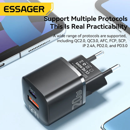 Essager 20W GaN PD USB C Charger for iPhone 14 13 12 11 Pro Max Phone QC 3.0 PD 3.0 USB Type C Fast Charging for Xiaomi pocoiPad