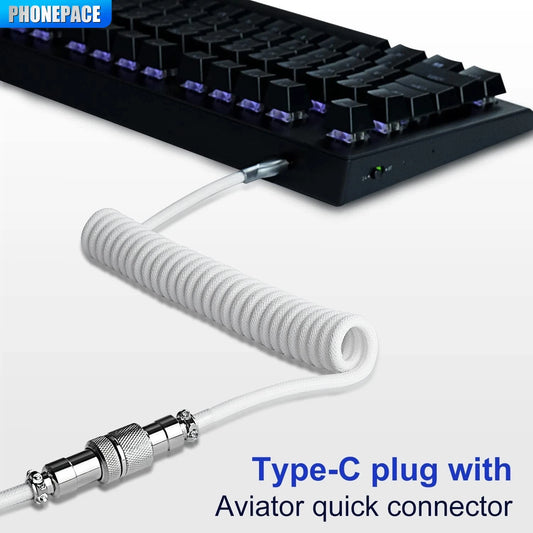 USB Type C Coiled Cable for Mechanical Keyboard, 3M Max Aviator Aviation Connector Cord for Desktop Computer