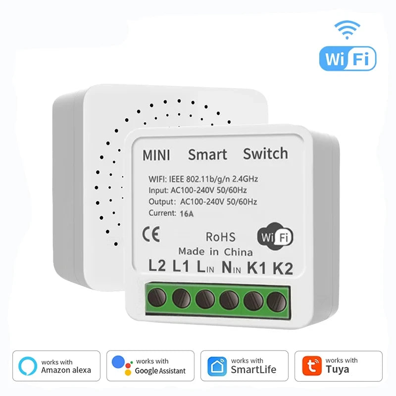 1pc 16A Mini Wifi DIY Light Switches Module 2-way Control Work With Tuya Smart Life Alexa Alice Google Home