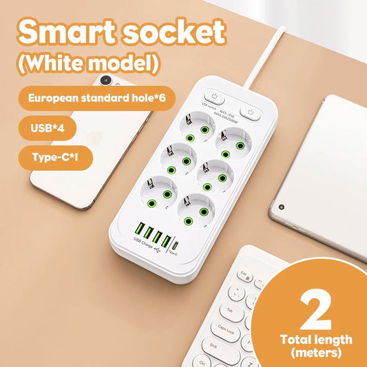 1pc EU Plug AC Outlet Multitap Power Strip 2m Extension Cord Electrical Socket USB Home Office Surge Protector Network Filter