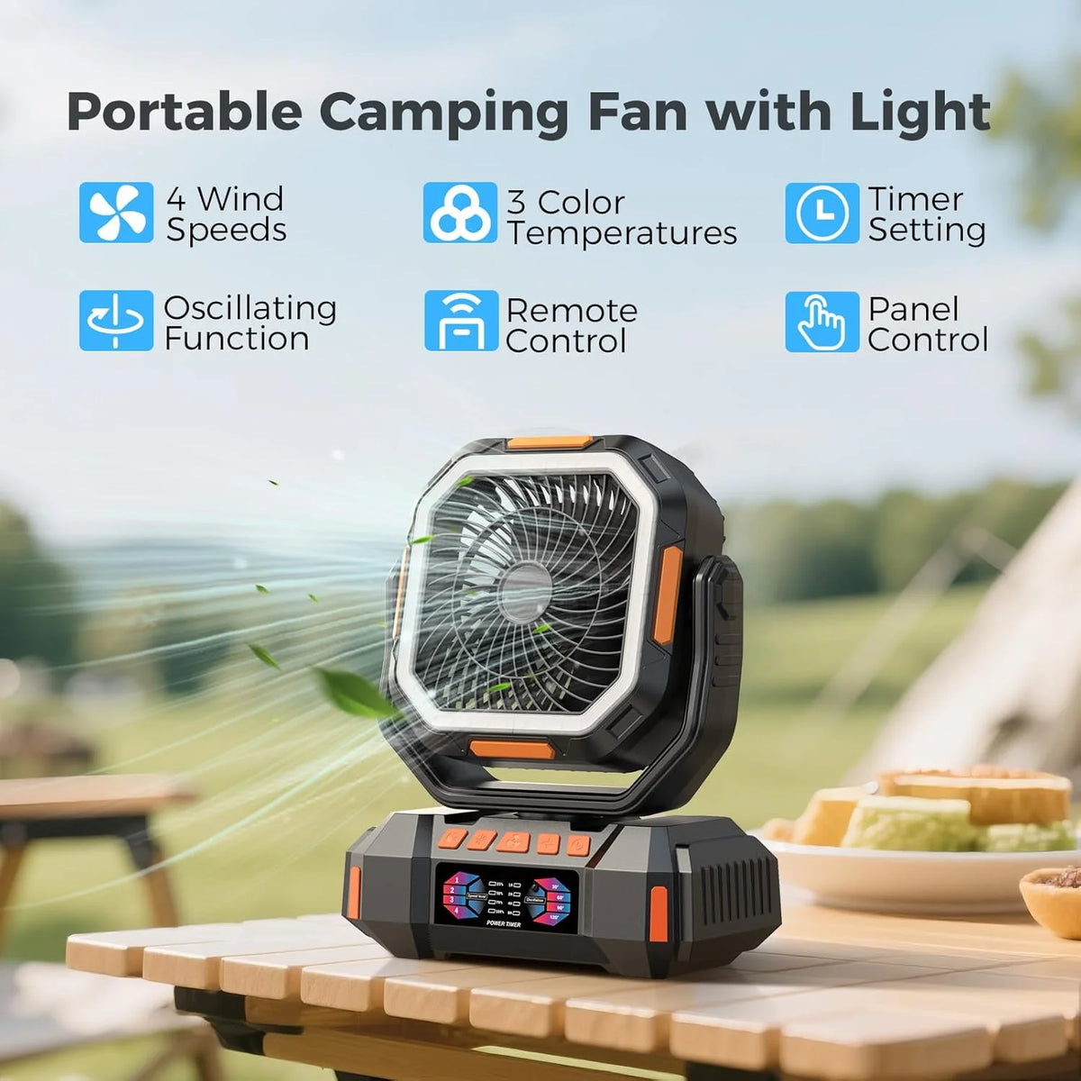 40000mAh Camping Fan Rechargeable Desktop Portable Air Circulator Wireless Ceiling Electric Fan with Power Bank LED Lighting