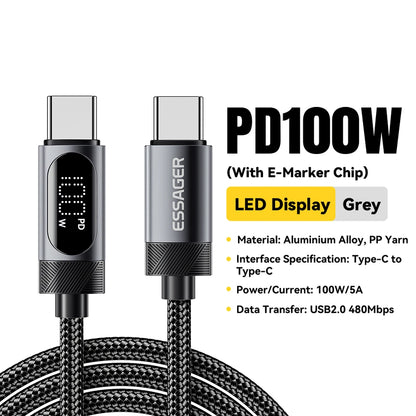 Essager Digital Dispaly USB C Cable For iPhone 17 16 15 Xiaomi Huawei 100W PD Fast Charging For Macbook iPad Type C to C Cable