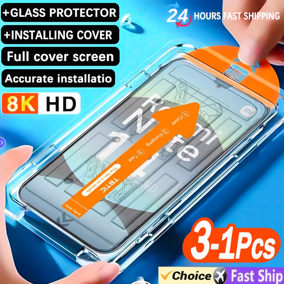3-1PCS Ultra HD 8K Tempered Glass For Xiaomi Redmi Note 14 13 12 11 10 Pro Redmi 13C Screen Protector Easy Install Dust-Free Box