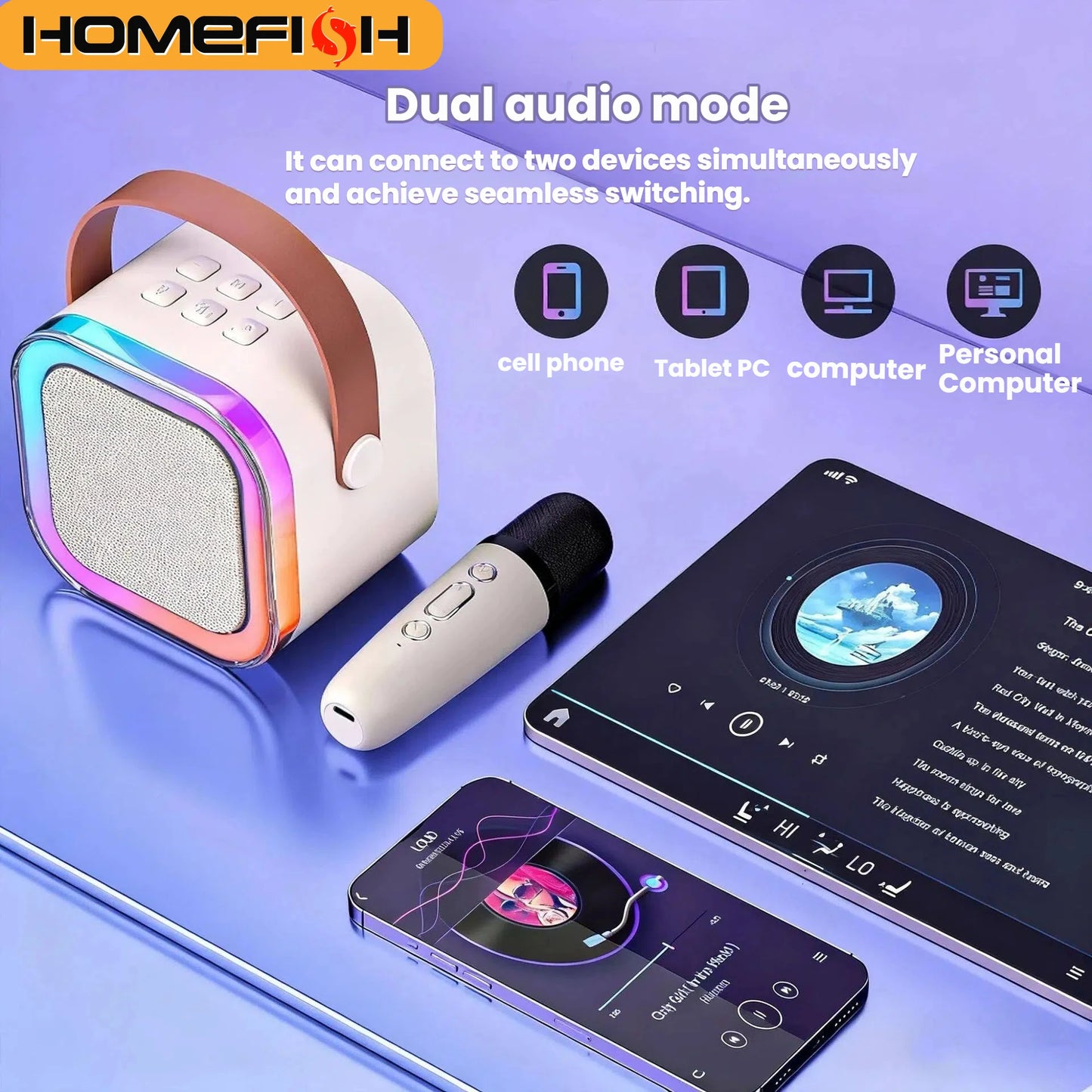 HOMEFISH K12 Karaoke Machine Portable 5.3 PA Speaker System with 1-2 Wireless Microphones Home Family Singing Children's Gifts