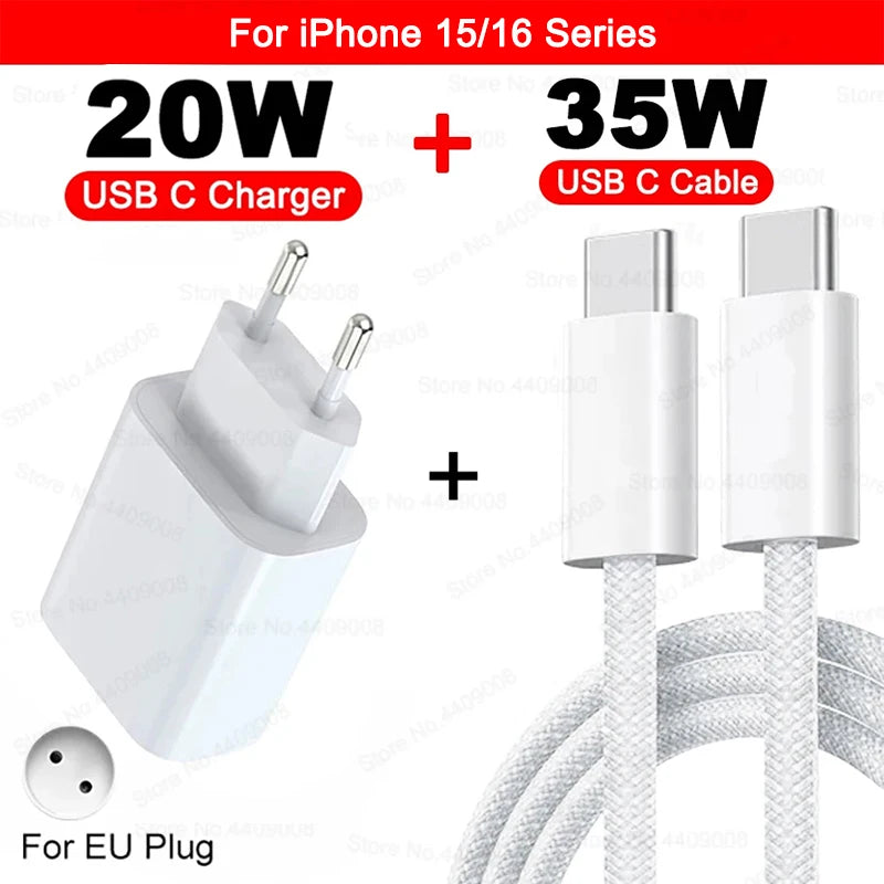 20W USB C PD Charger Quick Charge 3.0 USB Type C Phone Chargers Cable Fast Charging Adapter For iPhone 16 15 14 13 12 11 Pro Max