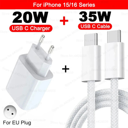 20W USB C PD Charger Quick Charge 3.0 USB Type C Phone Chargers Cable Fast Charging Adapter For iPhone 16 15 14 13 12 11 Pro Max