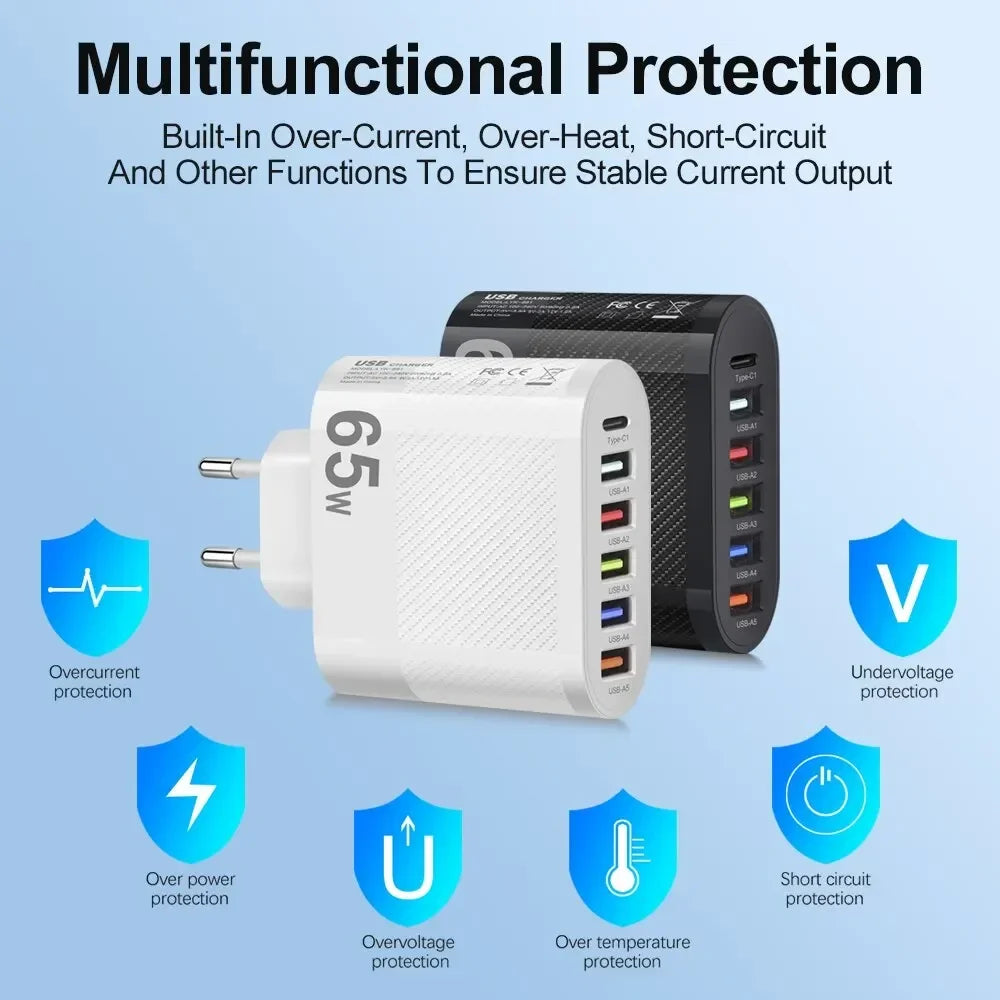 3.1A 5 Ports USB Charger PD Fast Charging Adapter For iPhone Xiaomi Samsung Mobile Phone EU/US/UK Plug Charge QC3.0 Wall Charger