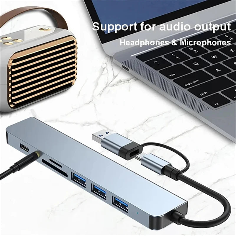 USB C Hub USB Splitter 8 in 1 USB Extender with 4 USB Port 1 USBC Port TF/SD Card Reader Audio Output Compatible for MacBook