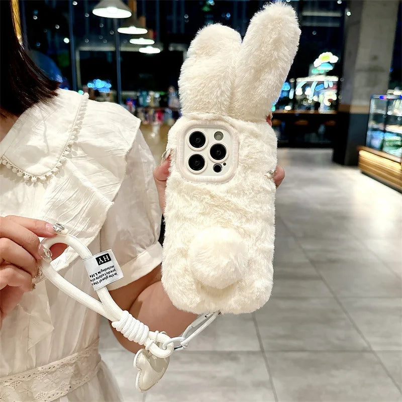 3D Cute Cartoon Rabbit Ears Warm Furry Plush Bunny Phone Case With Lanyard For iPhone