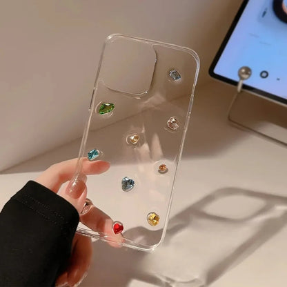 3D Cartoon Cute Color Gemstones Rhinestones Phone Case For iPhone 17 16 15 14 17 13 12 11 Pro Max Bling Glitter Clear Back Cover