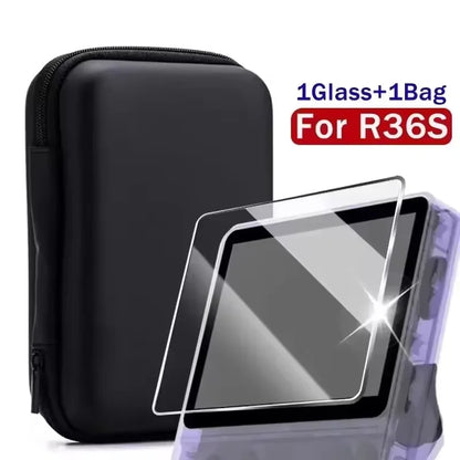 4 IN 1 Case+Screen Protector For R36S Game Console Tempered Glass Film Travel Carrying Storage Bag For Anbernic R36S Accessories