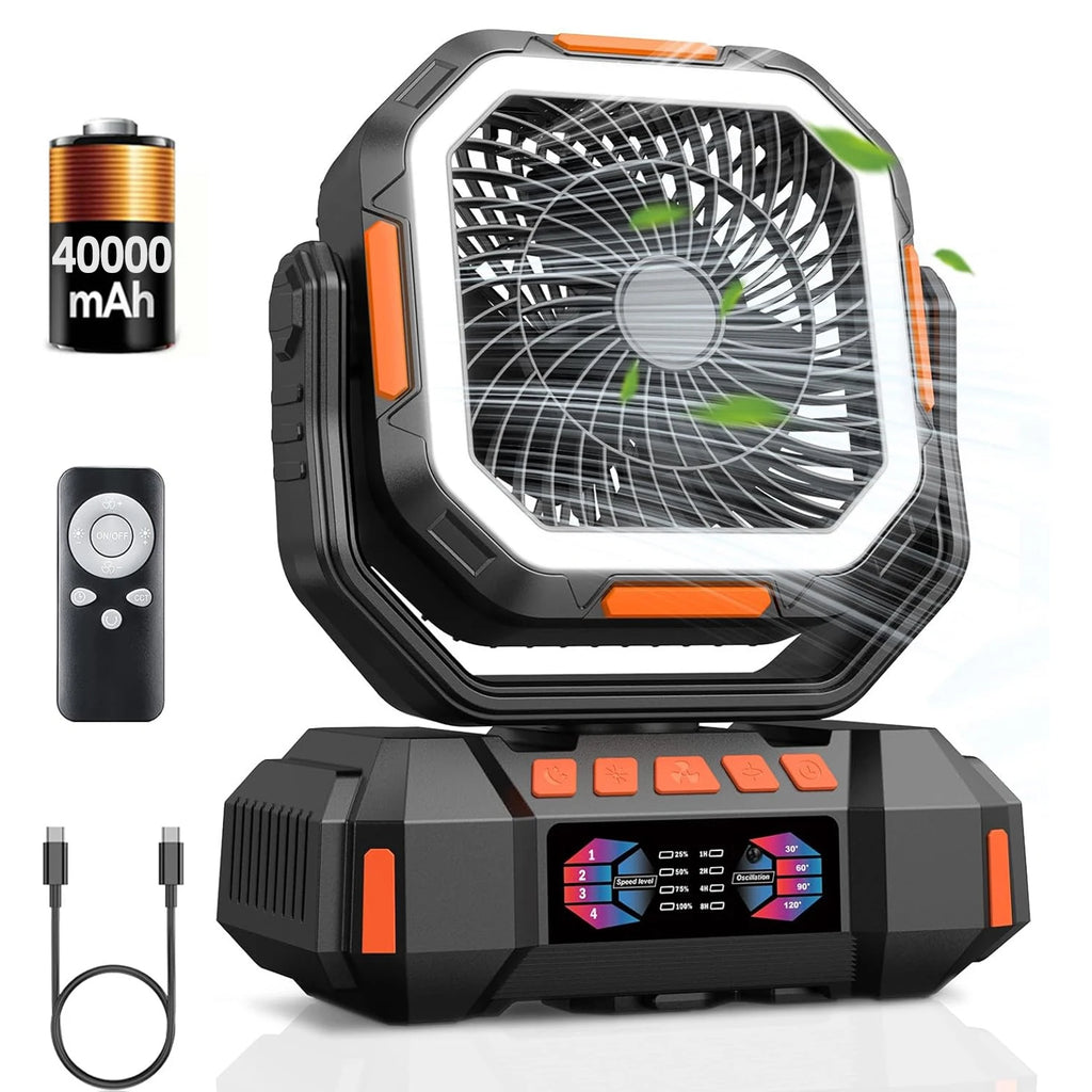 40000mAh Camping Fan Rechargeable Desktop Portable Air Circulator Wireless Ceiling Electric Fan with Power Bank LED Lighting