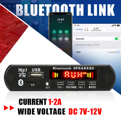 Car DIY 5.0 Bluetooth MP3 WAV Decoder Board DC 12V Wireless USB MP3 Music Player TF Card Slot FM AUX with Mic Handsfree control