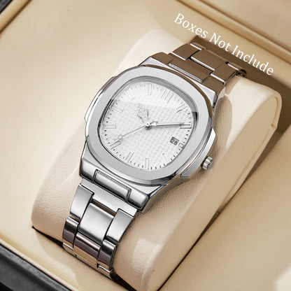 Luxury Men Business Watches Fashion Square Dial Stainless Steel Strap Quartz Watch with Calendar For Mens Clock（Without Box）