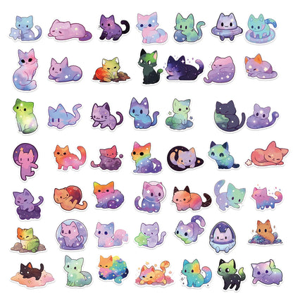 50 Pcs Cartoon Rainbow Starry Sky Cat Stickers, Cute Aesthetic Cat Waterproof Stickers for Water Bottle, Laptop, Phone,