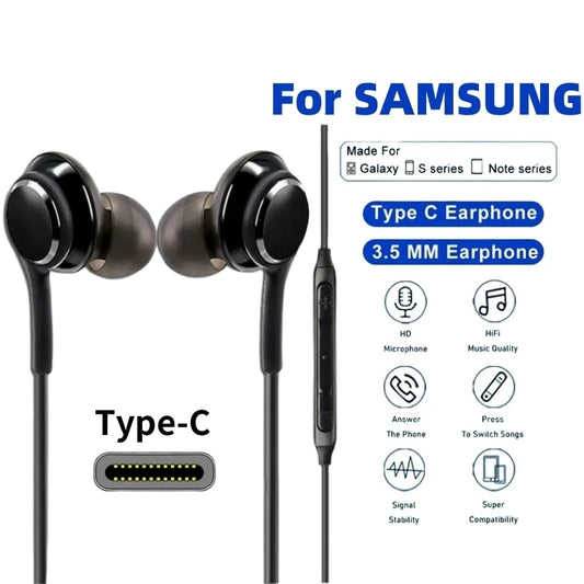 Type-C Wired Headphones For Samsung Galaxy S24 S23 S22 3.5MM in-Ear Headphone A53 A52 Note 20 USB-C Earphone HiFi Bass Stereo