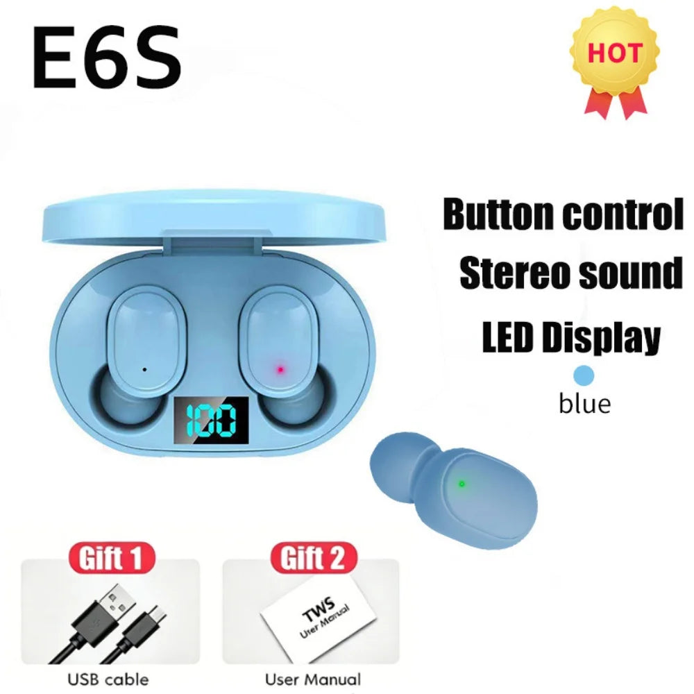 Wireless Bluetooth Earphones for Smartphones E6S TWS Digital Display Noise Cancelling Earbuds with Mic HiFi Stereo Sound Headset