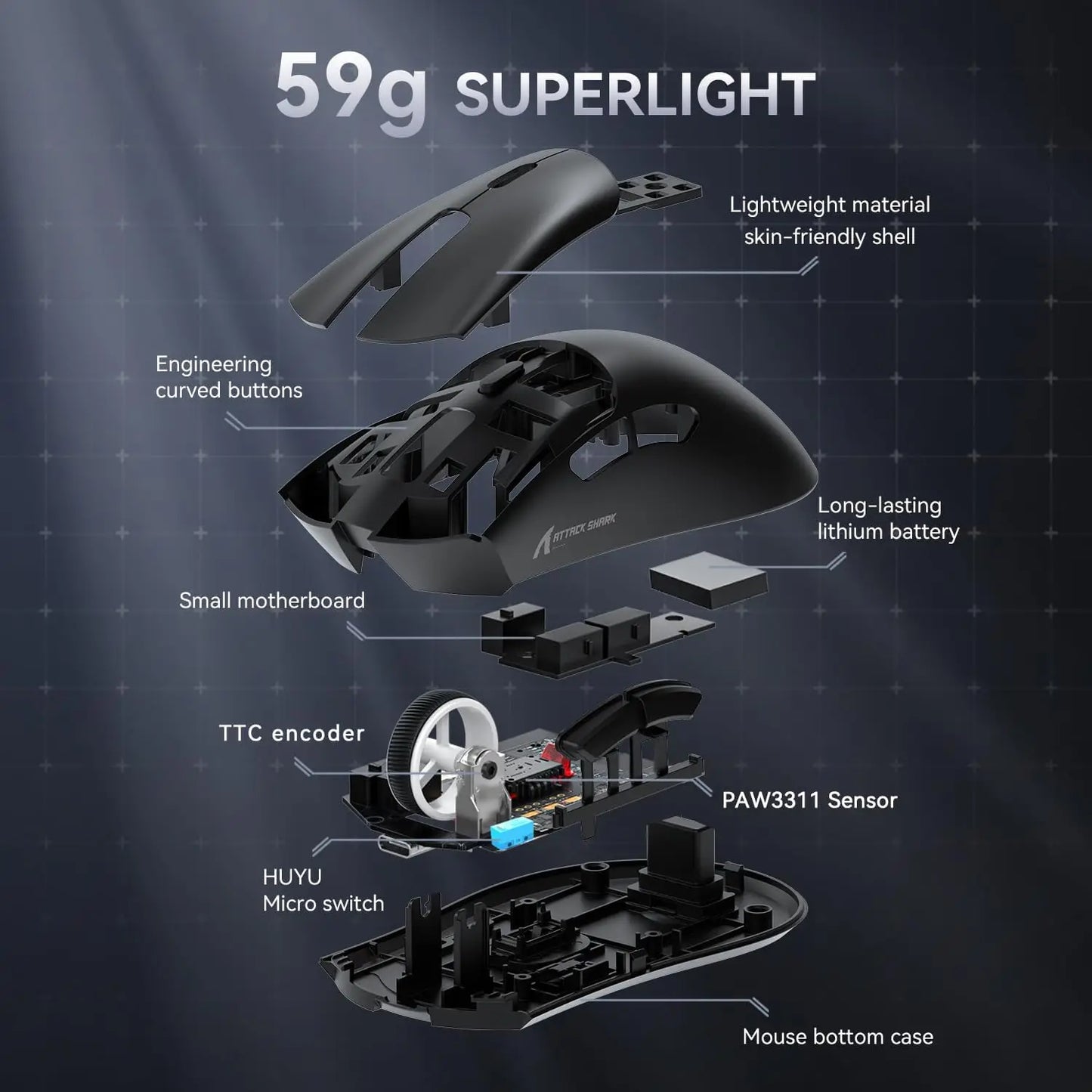 MAMBASNAKE x ATTACK SHARK R1 59g SUPERLIGHT Mouse, PixArt PAW3311 Gaming Sensor, BT/2.4G Wireless/Wired Gaming Mouse