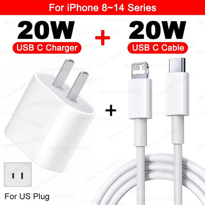 20W USB C PD Charger Quick Charge 3.0 USB Type C Phone Chargers Cable Fast Charging Adapter For iPhone 16 15 14 13 12 11 Pro Max