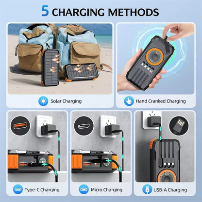 30000mAh Hand Crank Solar Power Bank Magnetic Wireless 22.5W Fast Charging for Airpods iWatch for iPhone 16 Powerbank with Light