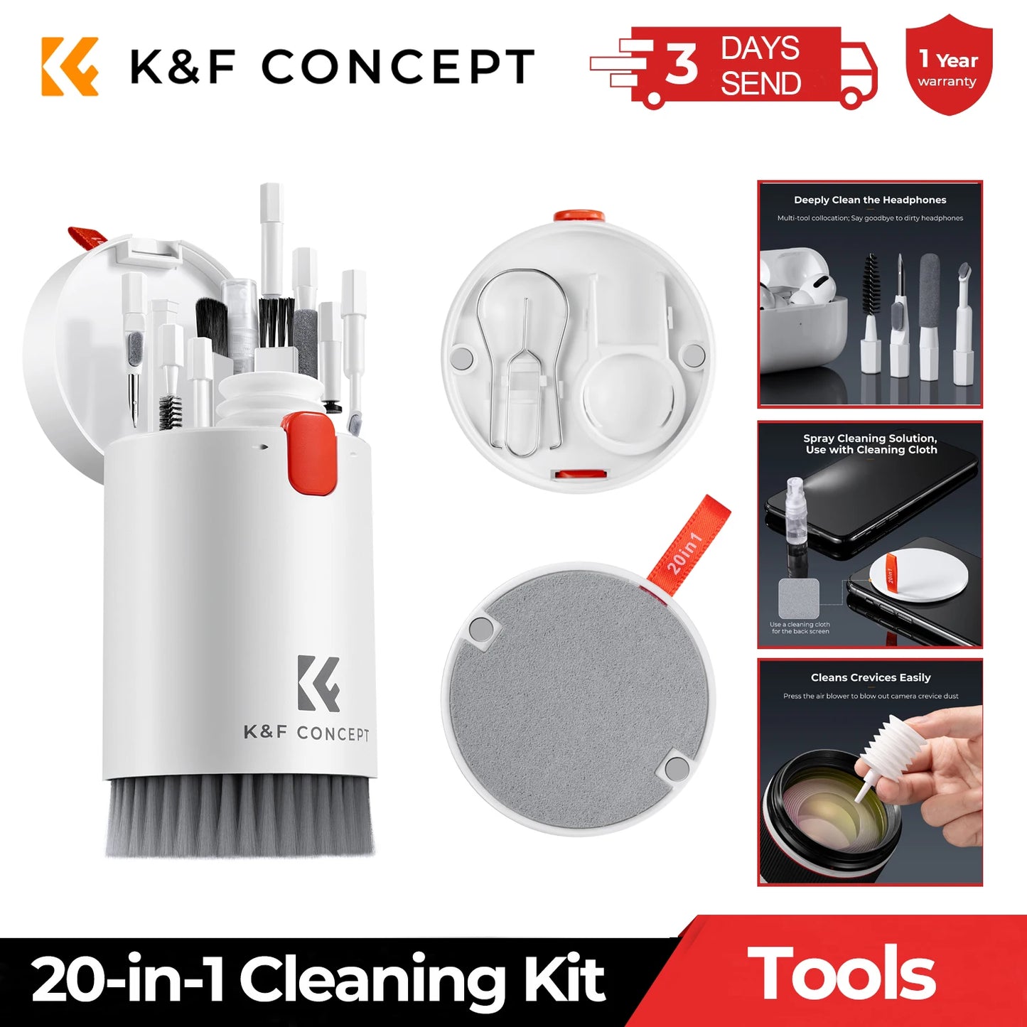K&F CONCEPT New Laptop Mobile Screen 20-in-1 Cleaning Kits Computer Keyboard Brush Cleaning Spray for iPhone AirPods Camera iPad