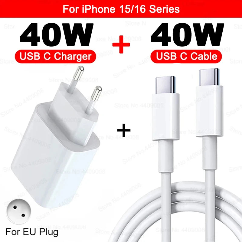 PD 40W Fast Charger For iPhone 11 12 13 14 15 16 Pro Max XR X XS 8 Plus USB C Charger Fast Charging Cable Plug Phone Accessories