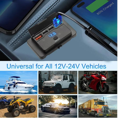 4 Ports Dual PD Dual QC 3.0 USB Car Charger with Switch 96W Quick Charging Socket USB Power for 12V/24V Car Boat Bus RV Truck