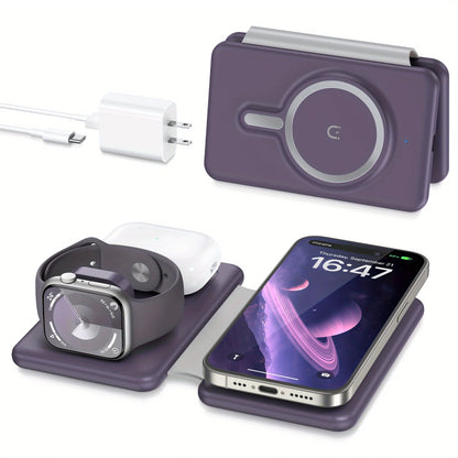 Cell Phone Wireless Charger - 3-in-1 Travel Charging Station for Multiple Devices, Portable Foldable Magnetic Charging Pad