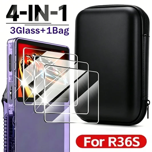 4 IN 1 Case+Screen Protector For R36S Game Console Tempered Glass Film Travel Carrying Storage Bag For Anbernic R36S Accessories